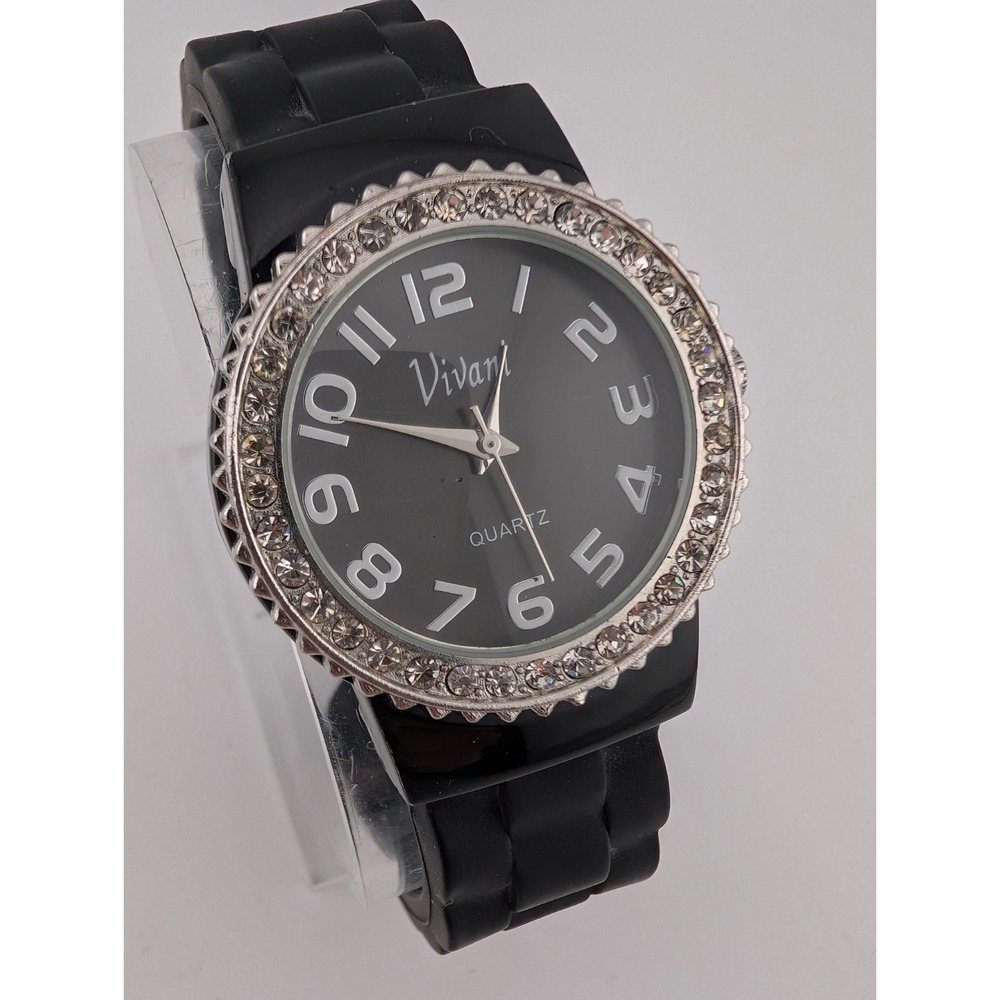 Vivani Watch Women 34mm Case Rhinestones Black Silicone Bangle Band- New Battery